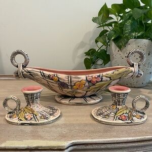 Hull Pottery Pink BLOSSOM FLITE 1955 Candle Holders & Console Bowl